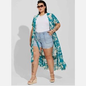 NWT Torrid Teal Chiffon Maxi Ruffle Kimono Lightweight Floral Size 4X